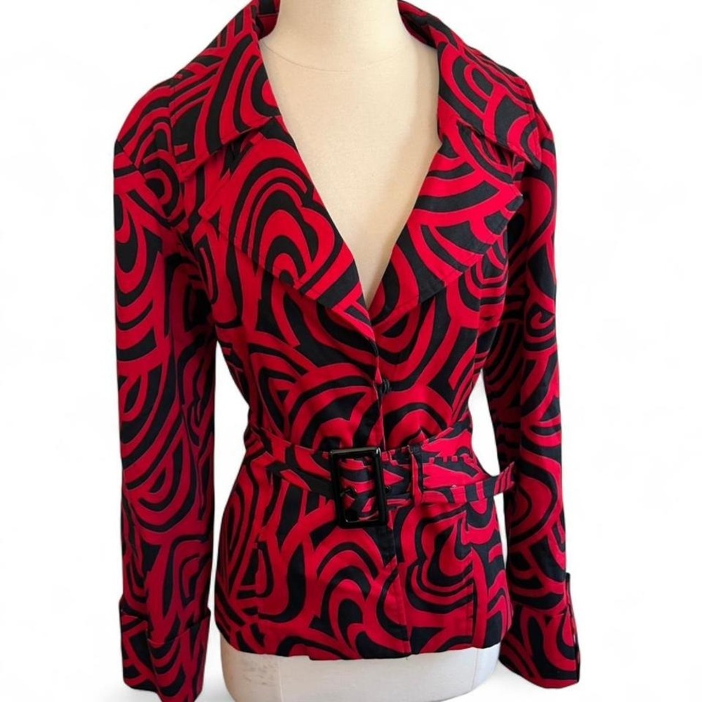 Donna Moore Red Black Swirl Print Belted Blazer Jacket Large Psychedelic Mod
